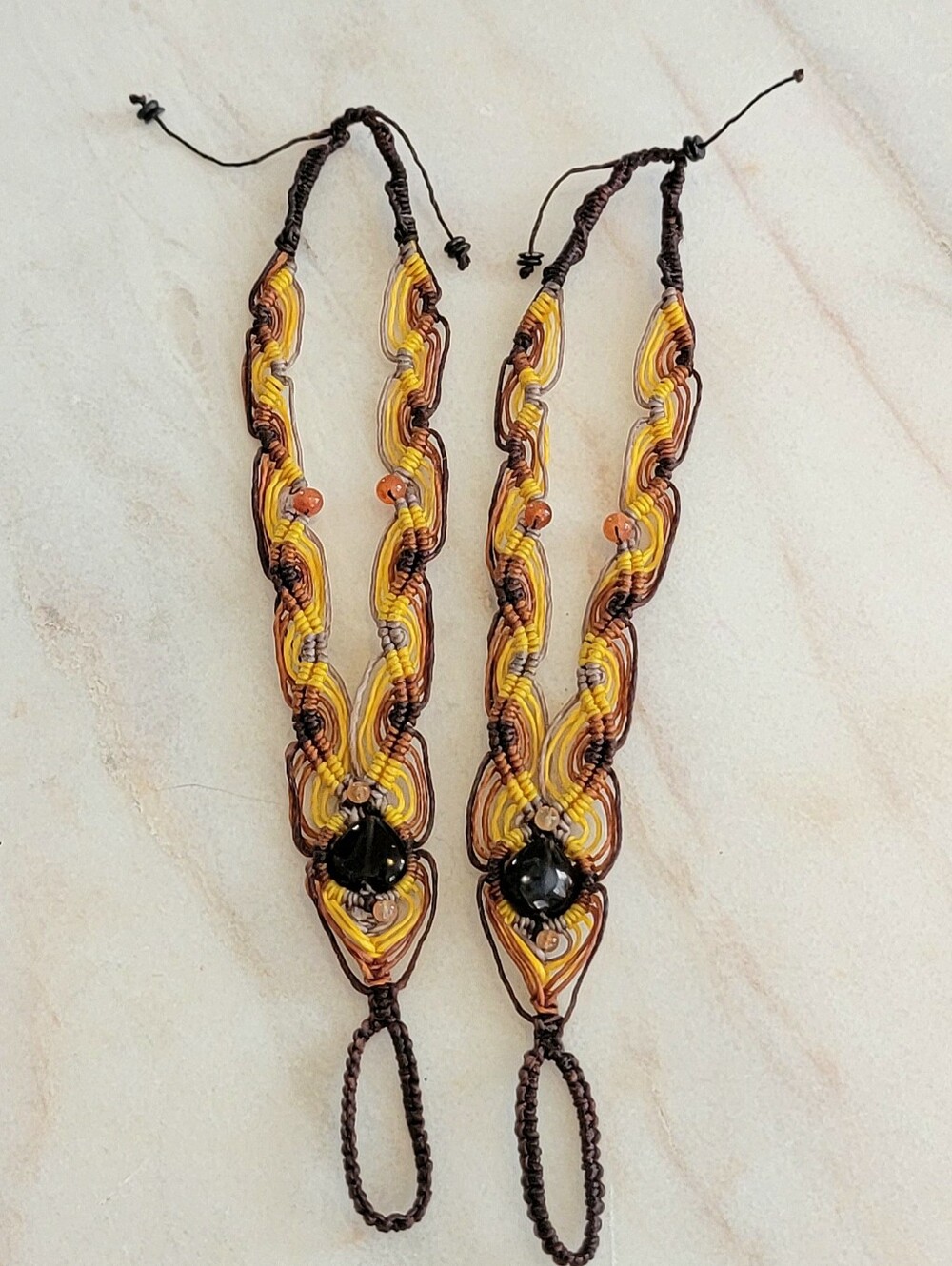 Handmade Macramé Barefoot Sandals – Black Onyx Cabochon, Sunset Yellow & Rust